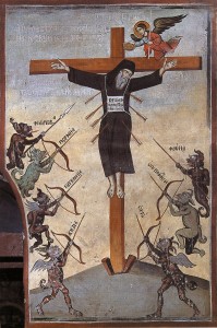 Fresco de un Monje crucificado por las pasiones expuesto en el Monte Athos
